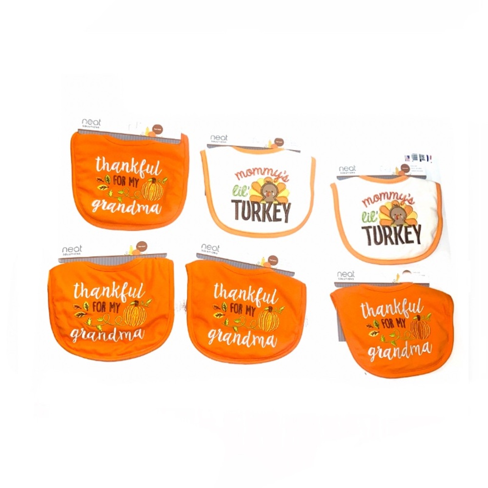 Holiday Thanksgiving Turkey Pumpkin Baby Infant 6 count Baby Infant Bib Set